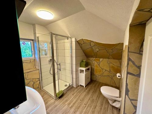 a bathroom with a shower and a toilet and a sink at Europa Pension zum Grünen Baum in Rust