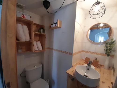 La salle de bains est pourvue de toilettes, d'un lavabo et d'un miroir. dans l'établissement Casa Alkalat, à Alcalá de los Gazules