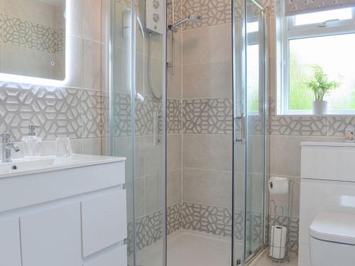 a bathroom with a glass shower and a sink at Barn Owls Holiday Bungalow in Salcombe Regis