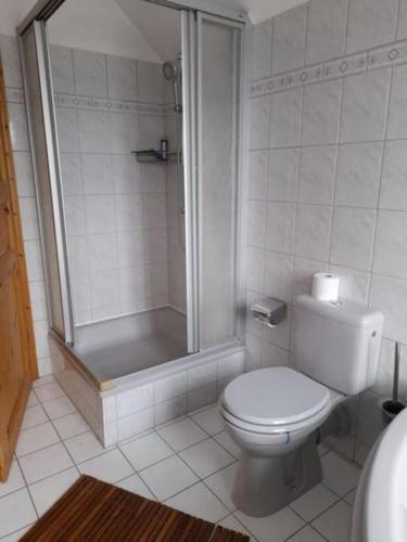 a white bathroom with a toilet and a shower at Ferienhaus Gartower See in Gartow