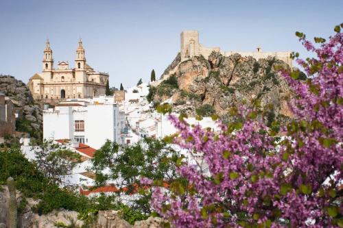 uma vista para uma cidade com flores roxas em Casa del Arco em Olvera
