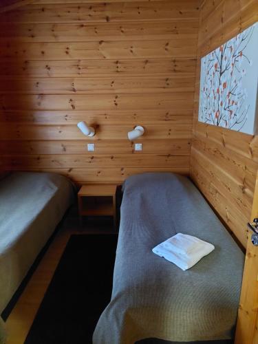a small room with two beds in a cabin at Vierumäki in Vierumäki