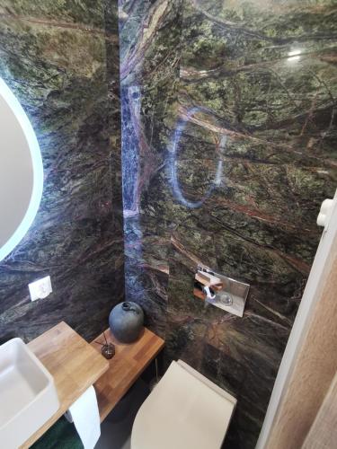 a bathroom with a white toilet and a sink at HEARTH HILL VIEW APARTMENT in Ustroń