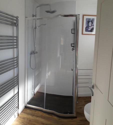 a shower with a glass door in a bathroom at Torgoyle Cottage in Inverness