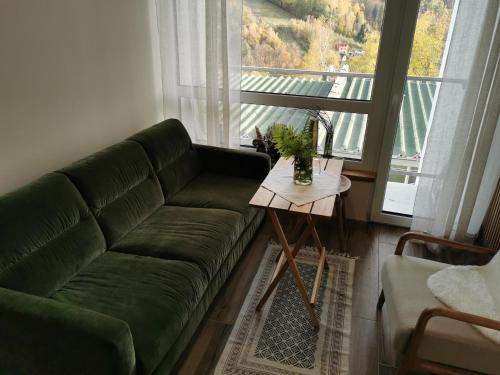 a living room with a green couch and a table at HEARTH HILL VIEW APARTMENT in Ustroń
