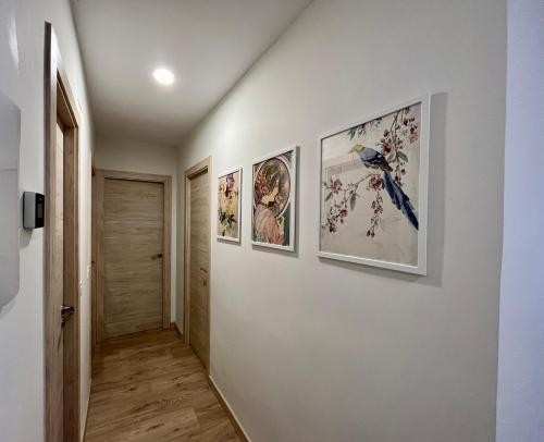 um corredor com quatro fotografias na parede em Alojamiento Lope de Fenar em Leão