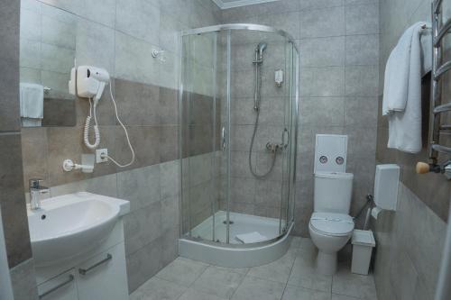 a bathroom with a shower and a toilet and a sink at Hotel&Restaurant Premium Club in Yaremche