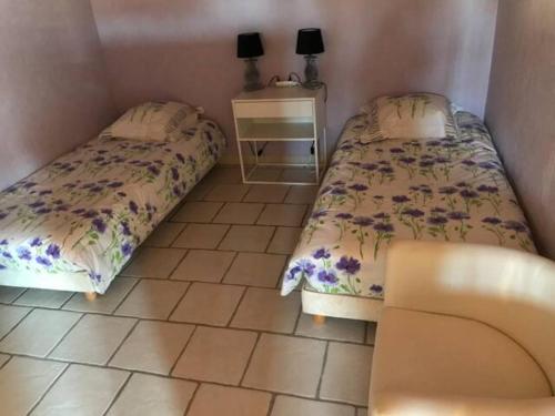 um quarto com 2 camas e uma mesa com uma saia-cama em Gîte La Saulce T3 avec vue sur les montagnes em La Saulce