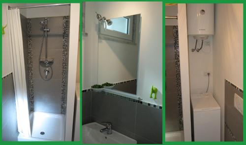 two pictures of a bathroom with a shower and a sink at Casa Verde Lerici in Lerici