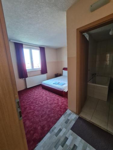 a bedroom with a bed and a tub and a window at Holiday in Ferizaj