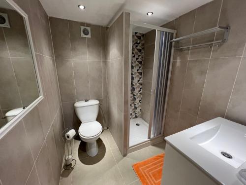 a bathroom with a toilet and a sink and a shower at Chambres et tables d'hôtes Zélia & Jacques BERQUEZ in Pianottoli-Caldarello