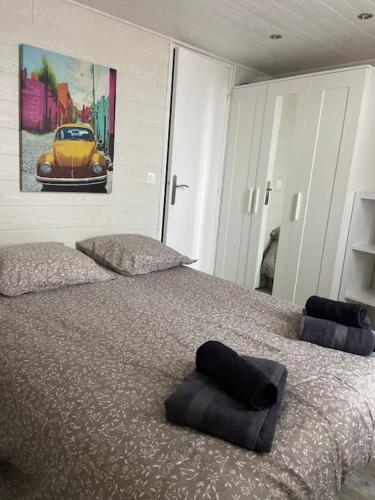- une chambre avec un lit et une voiture sur le mur dans l'établissement APPARTEMENT 4 PERSONNES ARCACHON Wifi Parking, à Arcachon