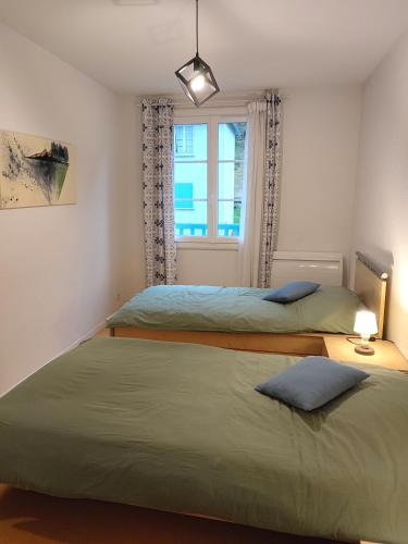 deux lits dans une chambre avec une fenêtre dans l'établissement Grand appartement en RDC Vallée de Campan, à Campan