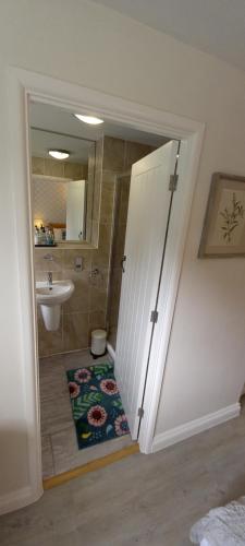 a bathroom with a toilet and a sink and a white door at Cotswold Merrymouth Inn in Bourton on the Water