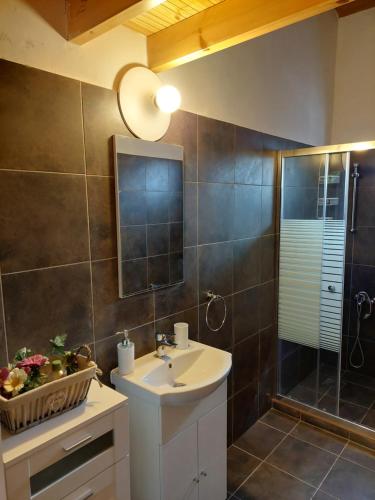 uma casa de banho com um lavatório e um chuveiro em Veranda em Agros