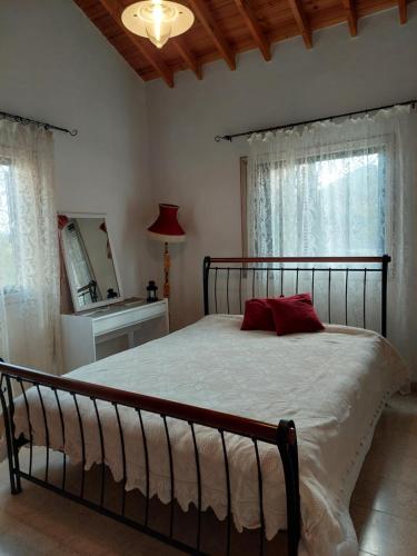 Un dormitorio con una cama con una almohada roja. en Veranda en Agros