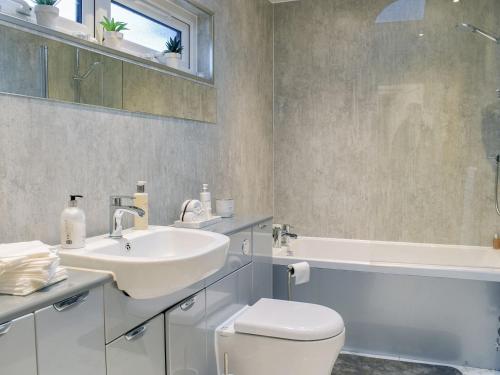 a bathroom with a sink and a toilet and a tub at Baileyfield Cottage in Edinburgh