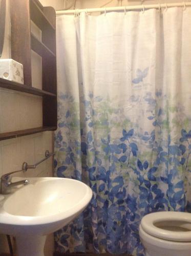 uma casa de banho com um lavatório, um WC e uma cortina de chuveiro. em Gloria em Piriápolis