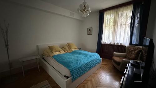 1 dormitorio con 1 cama con manta azul en Cosy apartman in green Buda en Budapest