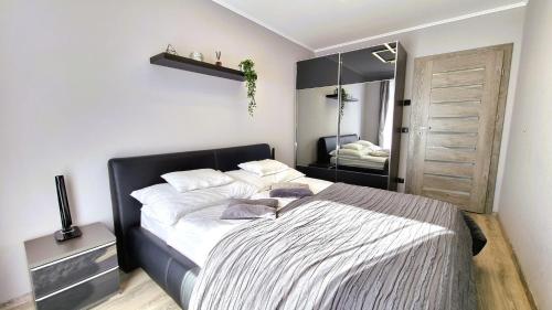 a bedroom with a large bed and a mirror at Diamond Luxury Apartment in Budapest
