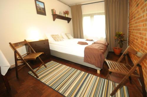 スレブルナ・グラにあるCentrum Turystyki Niekonwencjonalnejのベッドルーム1室(ベッド1台、椅子、窓付)
