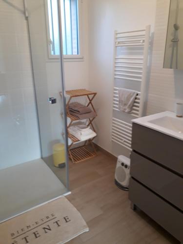 W łazience znajduje się prysznic i umywalka. w obiekcie Les coquetières w mieście Roz-sur-Couesnon