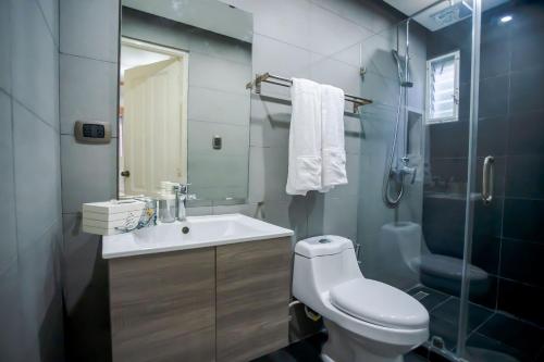 La salle de bains est pourvue d'un lavabo, de toilettes et d'une douche. dans l'établissement Villa impecable con piscina privada en Juan Dolio, à Paraíso