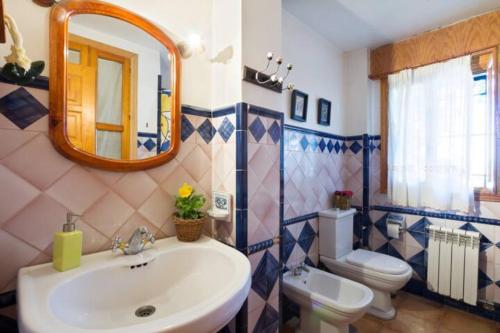 bagno con lavandino, servizi igienici e specchio di La Posada del Gato a Monachil