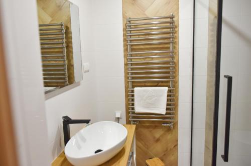 La salle de bains est pourvue d'un lavabo et d'un miroir. dans l'établissement Willa POGOŃ ZD12, à Krynica-Zdrój