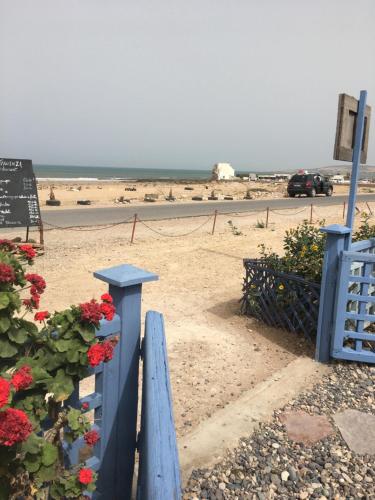 a blue fence and flowers on the beach at Suite BELDI, La Maison des paons in Sidi Kaouki