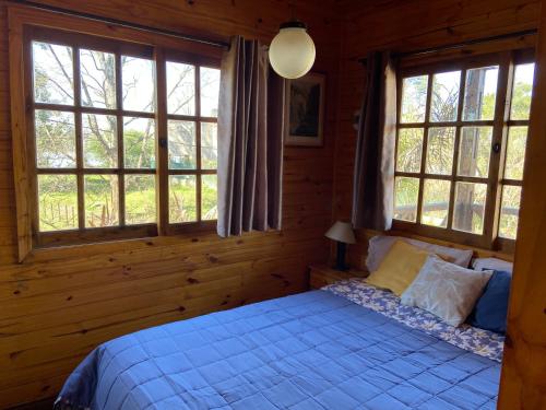 a bedroom with a bed and windows in a cabin at La Cabaña de Heidi in Concordia