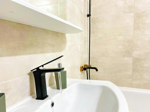 a bathroom sink with a faucet next to a tub at OASIS, Charming 1BD apartment with living room in Chişinău