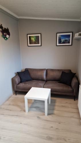 a living room with a couch and a white coffee table at Aurora Cabins in Höfn
