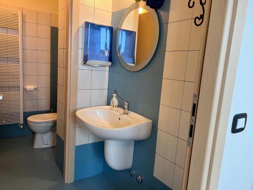 a bathroom with a sink and a toilet and mirrors at Agriturismo Le Essenze - Terrazza sulla Romagna in Cesena