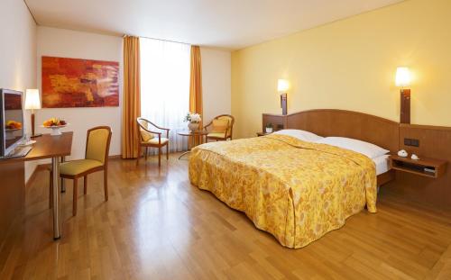 ein Hotelzimmer mit einem Bett und einem Schreibtisch in der Unterkunft Hotel Landgasthof Schönbühl in Schönbühl