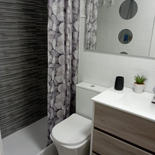 a bathroom with a toilet and a sink and a shower at SUNRISE Vera-naturista in Vera