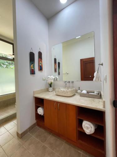 塔爾科萊斯的住宿－Private 5 Bedroom Home with Pool!，一间带水槽和大镜子的浴室