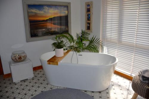 a white bath tub with two plants in a room at Luxury and homely stay in Oudtshoorn