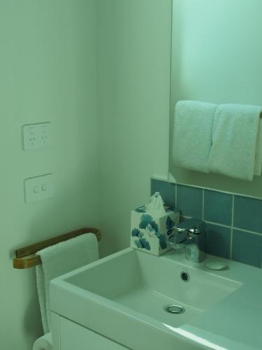 y baño con lavabo blanco y espejo. en Boutique Tiny House - Te Anau Country Accommodation, en Te Anau