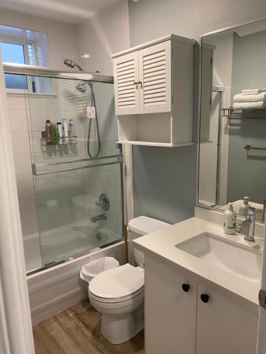 uma casa de banho com um chuveiro, um WC e um lavatório. em jane's cozy suite em Surrey