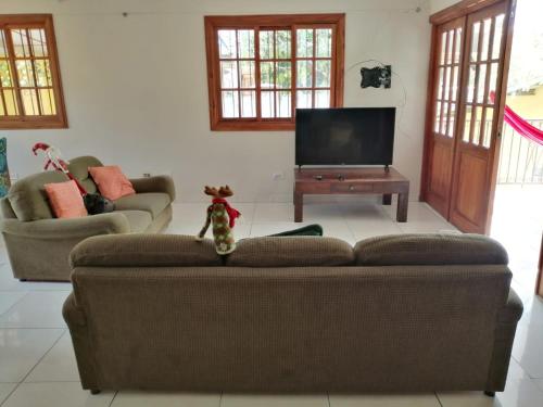 a living room with two couches and a flat screen tv at Gaia Lodge in Boquete