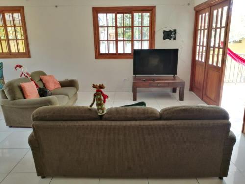 un soggiorno con 2 divani e una TV a schermo piatto di Gaia Lodge a Boquete