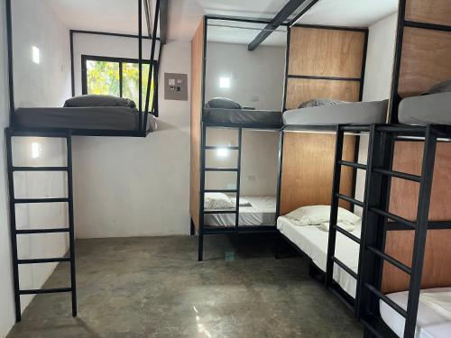 a room with four bunk beds and a mirror at Akih Pods Hostel in Santa Teresa Beach