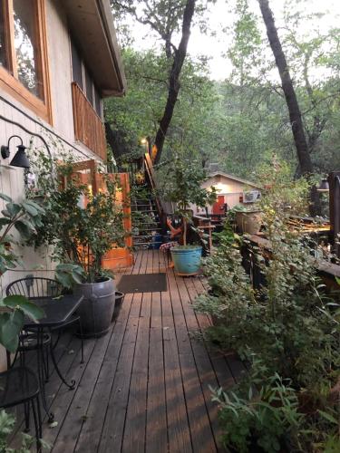 a wooden deck with potted plants on a house at Yosemite Bug Rustic Mountain Resort in Midpines
