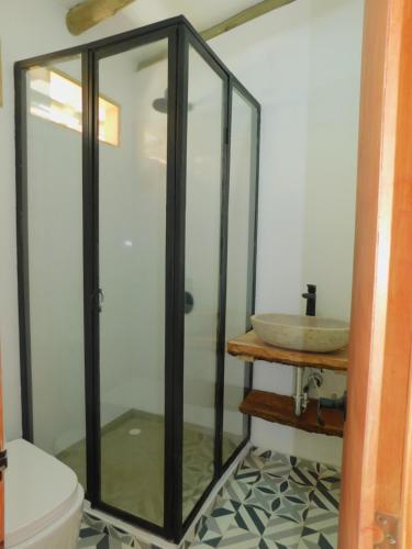 a bathroom with a shower and a toilet and a sink at Hotel Casa Boutique Remolino, Piscina Privada in Utica