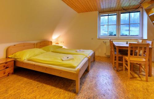 a bedroom with a bed and a desk and a table at Family apartments V Zátiší in Dolní Morava