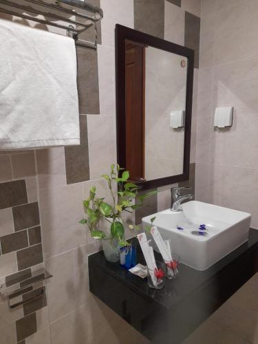 a bathroom with a sink and a mirror at Happy Home in Nha Trang