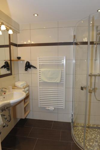 a bathroom with a shower and a sink at Bio-Bauernhof Samerhof in Mariapfarr