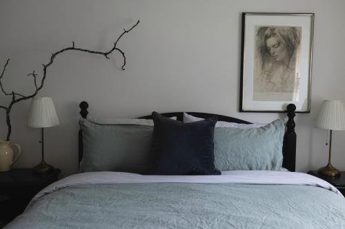 a bed with blue pillows and a picture on the wall at Naivasha Cottage in Deloraine