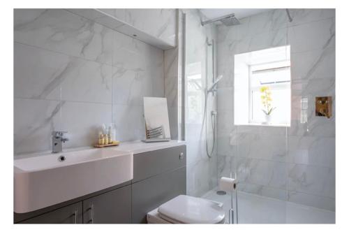 a bathroom with a sink and a toilet and a shower at Apartment 2, The Old Bank Apartments in Dronfield